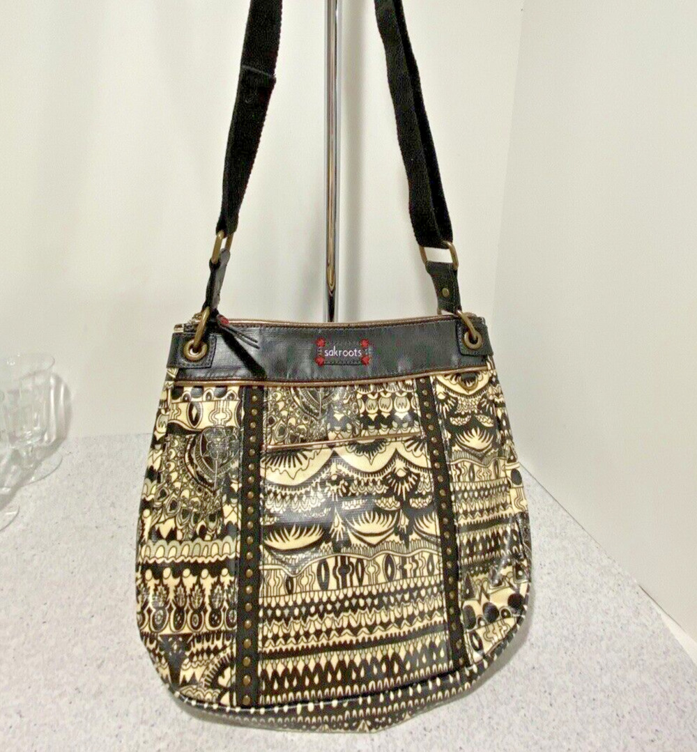 Sakroots crossbody bag shoulderbag purse adjustable woven strap Boho black cream